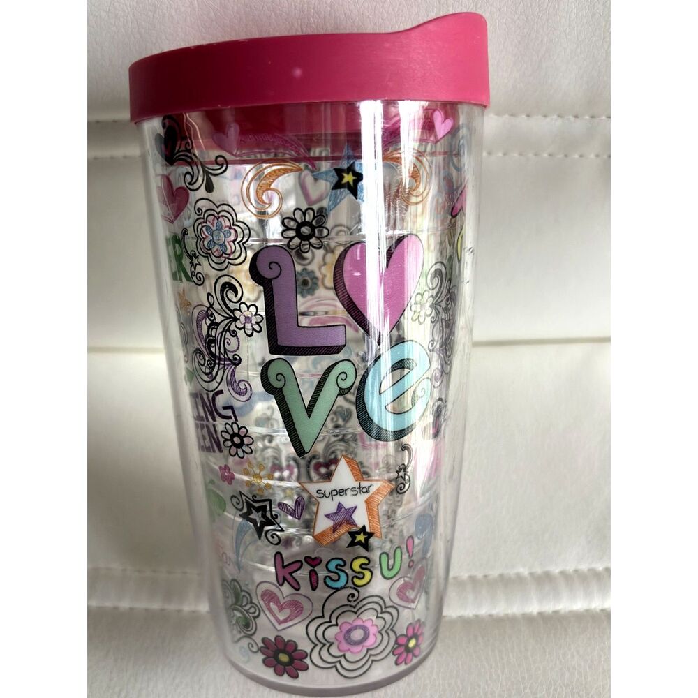 Tervis Tumbler 16 oz Love Dancing Queen Pink Lid Flowers Hearts Travel Cup